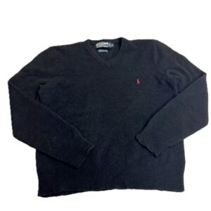 Polo Ralph Lauren Sweater Womens Large Black Lambs Wool V Neck Red Pony Logo